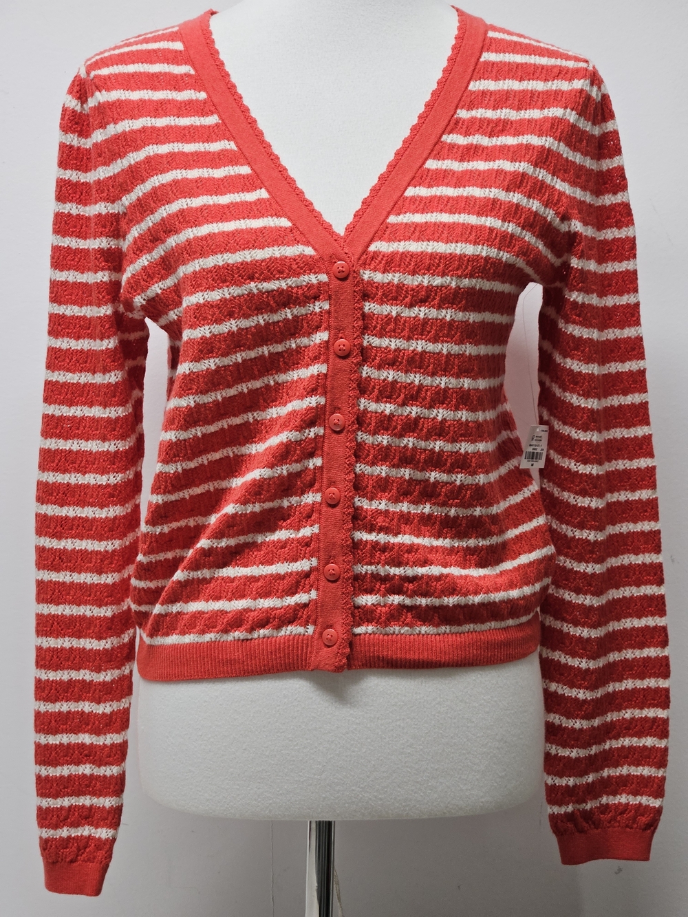 Old Navy SoSoft Lite Knit Cardigan Striped Coral Cream V-Neck Button Up Size M
